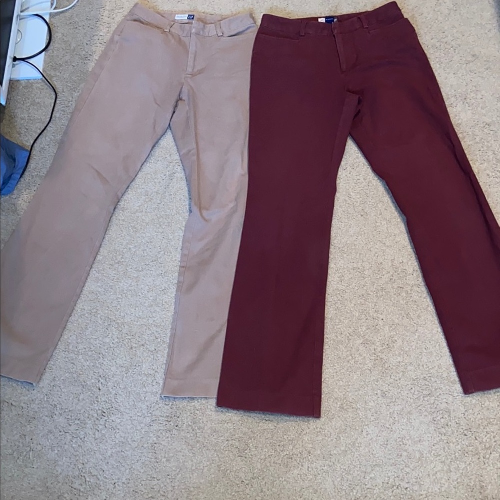 2 pairs of boots cut pants, khaki & maroon